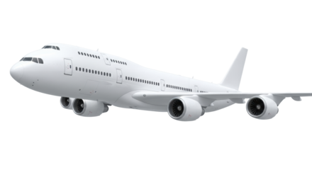 transparent modern passenger airplane with visible windows and four jet engines, isolated on a solid transparent studio background, 45-degree dynamic angle, concept of advanced air travel and