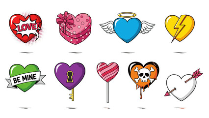 Collection of colorful love and heart themed icons for romance