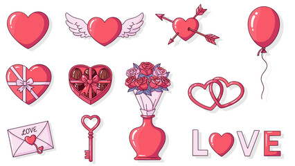 Collection of romantic love symbols including hearts and flowers