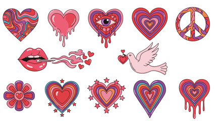 Collection of colorful hearts and love symbols with peace theme