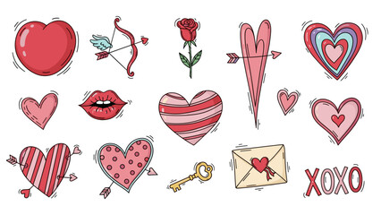 Valentines day themed illustrations of hearts roses lips and love symbols