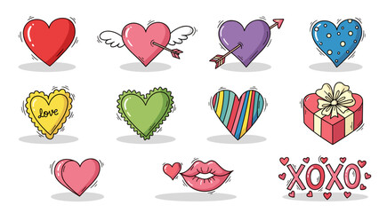 Collection of colorful love and romance symbols and icons