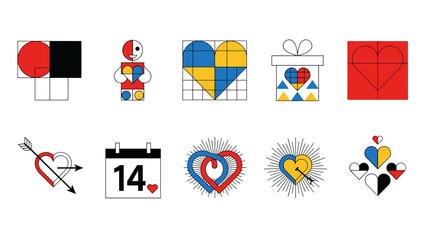 Collection of colorful love and heart themed icons and symbols