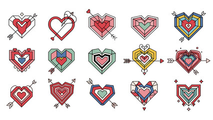 Collection of colorful handdrawn hearts with various patterns and styles