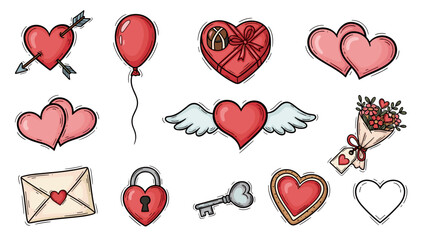 Collection of romantic love symbols including hearts and wings