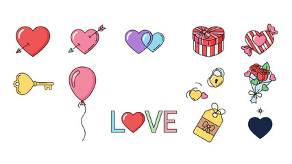 Collection of colorful love and romantic themed icons and symbols