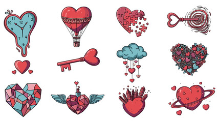 Collection of romantic love symbols and hearts with key and cloud