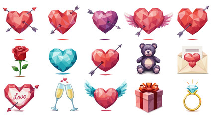 Collection of romantic love symbols including hearts roses and gifts