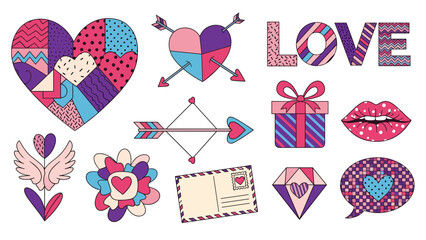 Collection of colorful love and romance themed illustrations and icons