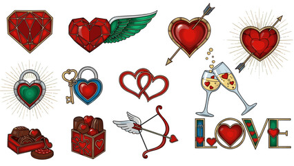 Collection of romantic heart and love themed illustrations and icons