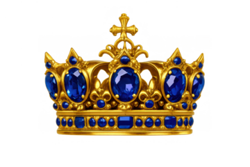 Golden king crown with blue sapphire gems and a cross symbol, representing royalty, power, and triumph on a transparent background