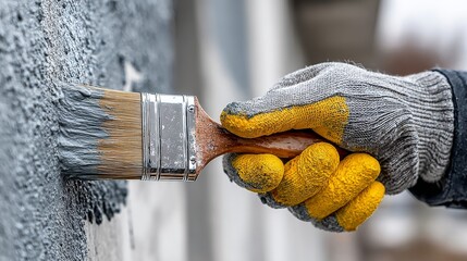 The worker applies a concrete sealant coating to the basement wall to waterproof and protect the surface