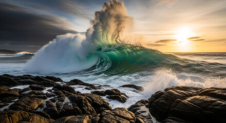Ocean Wave Crashing Rocky Shore Golden Sunset Light