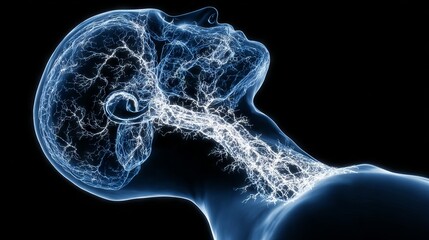 A clear depiction of a human head and neck with a lit nerve network that spotlights the vagus nerve, representing vagus nerve stimulation for trauma recovery and nervous system healing