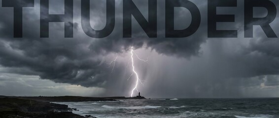Dramatic ocean thunderstorm with lightning bolt near lighthouse tower