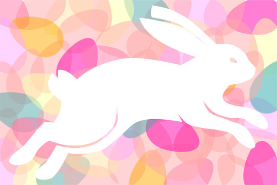 Dynamic white silhouette of a jumping or running rabbit over a background of colorful Easter eggs.