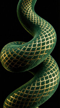 Coiled green snake with golden lattice pattern against black background