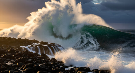 Ocean Wave Crashing Rocky Shore Dramatic Golden Sunlight