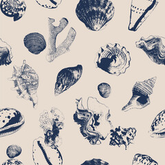 Vector underwater seamless pattern of seashells collection and corals Isolated on beige background. For interior design, prints, fabric or background.