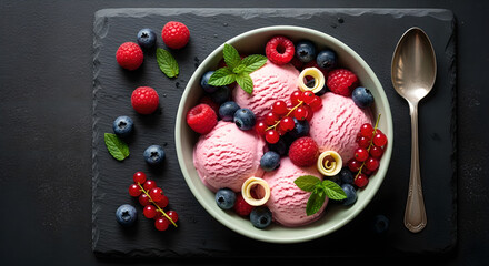 Pink Berry Ice Cream Dessert Bowl Top View