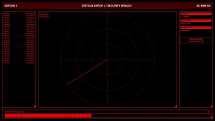 Red tactical security breach interface featuring a sweeping radar, scrolling data streams, critical error warnings, and a system purge countdown sequence. - Powered by Adobe