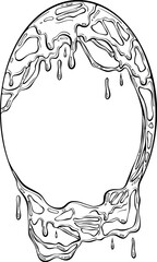 Abstract oval melted frame. Dripping flowing melted cheese, stretchy slime, thick paint. Halloween surreal horror style. Vector illustration in hand drawn sketch style. Line art isolated on white