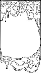 Abstract rectangular melted frame. Dripping flowing melted cheese, stretchy slime, thick paint. Halloween horror style. Vector illustration in hand drawn sketch style. Line art isolated on white