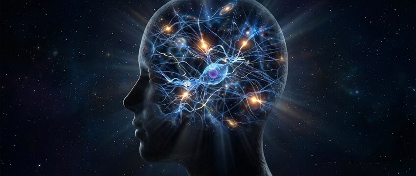 Profile of human brain with glowing neural network connections in space - Powered by Adobe