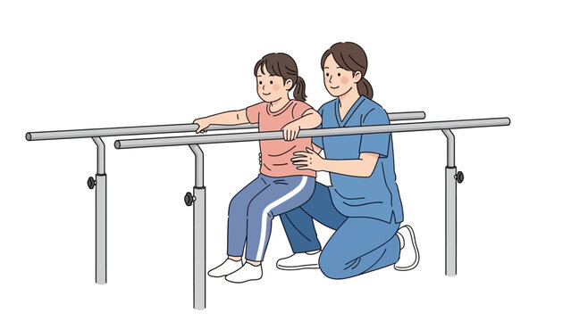 Female Physical Therapist Helps Young Girl Practice Walking Using Parallel Bars for Rehabilitation