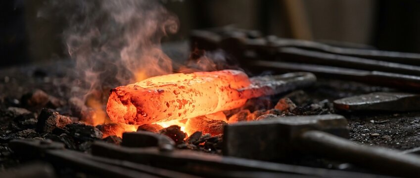 Glowing red hot iron rod in blacksmith forge - Powered by Adobe