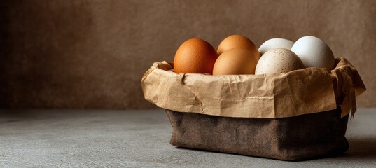 Basket with carton and egg accents on paper backdrop with top banner layout