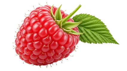 A vibrant red raspberry with green leaves on transparent background