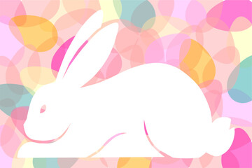 Profile silhouette of a white bunny resting horizontally over a vibrant pattern of multicolored Easter eggs.