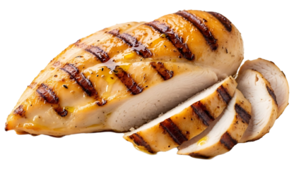 A delicious grilled chicken breast sliced and presented on a black background with a transparent overlay