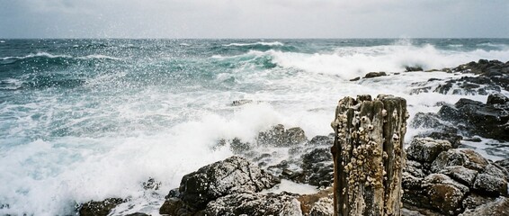 Rough sea waves crashing against rocky coast with barnacles
