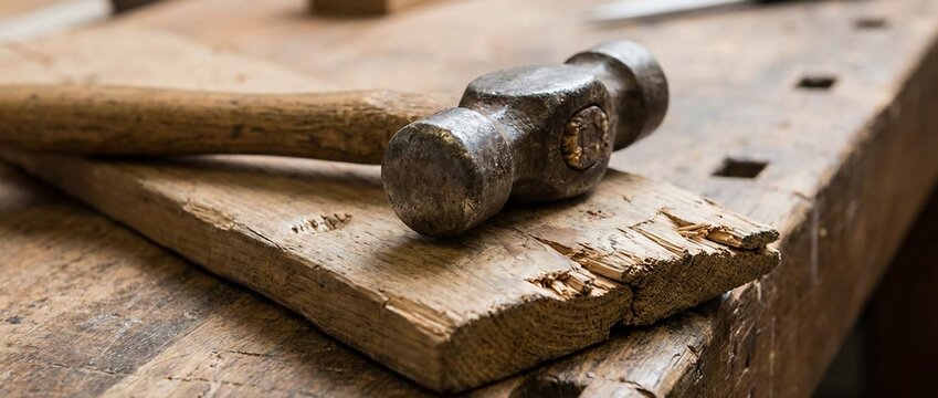 Old ball peen hammer on weathered wooden workbench