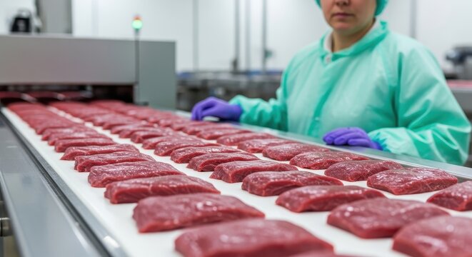 Food industry worker inspects raw meat fillets on a conveyor belt in a processing plant - Powered by Adobe