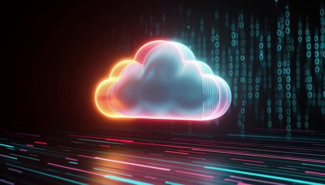 a glowing cloud icon on a digital background with binary code, a futuristic and technological concept for online storage or app technology Generative AI