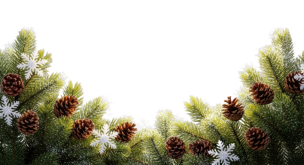 lush, vibrant green pine branches and glistening brown pinecones frosted with snow and glitter, set against a clean transparent studio background with central copy space. elegant christmas display