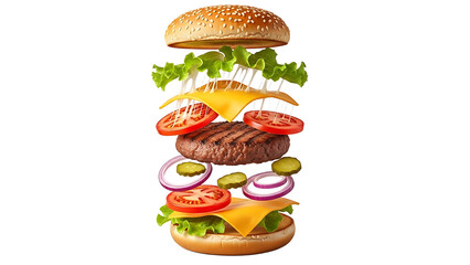 A mouthwatering double-decker burger with melted cheese and fresh vegetables on transparent background