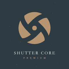 A premium logo for Shutter Core with a camera shutter design on a dark background