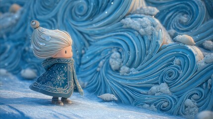 A small doll stands in front of a large blue wave sculpture