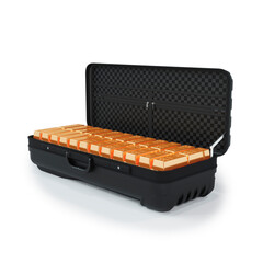 A high-detail 3D rendering of an elegant black premium travel suitcase, open and overflowing with shiny gold bullion bars. 