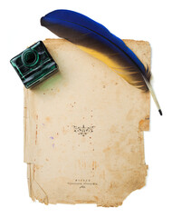 A quill and ink bottle rest on a piece of old paper. The scene shows tools typically used for writing and creating documents.