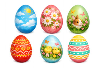 Collection of six beautifully painted Easter eggs with festive designs and spring motifs