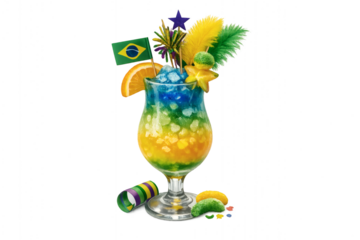 Festive Brazilian cocktail with flag and colorful garnishes for celebration
