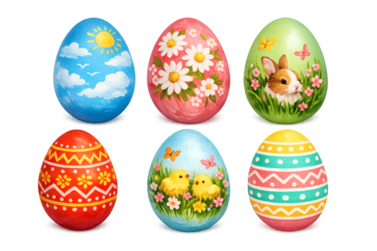 Collection of six beautifully painted Easter eggs with festive designs and spring motifs - Powered by Adobe