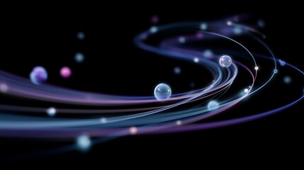 Glowing quantum particles travel along curved multicolored trails against a black background. Artistic visualization of wave-particle duality, entanglement and motion in quantum physics.