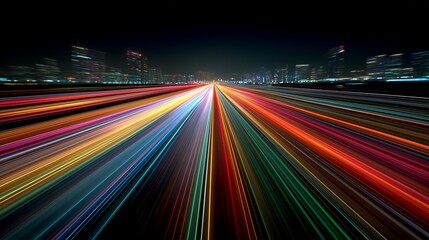 Multicolored light trails converge toward a central vanishing point over a nighttime cityscape, creating a vivid sense of speed. Long-exposure urban scene for acceleration and futuristic progress.