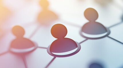 Stylized person icons connect through glowing lines in a soft gradient field to form a digital social network. Abstract visualization for communication, relationships, and organizational mapping.